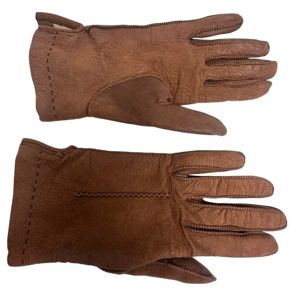 Vtg Women's Soft Leather Brown Wool Lined Gloves Sz 6.5 Made In Italy‎ Winter EC